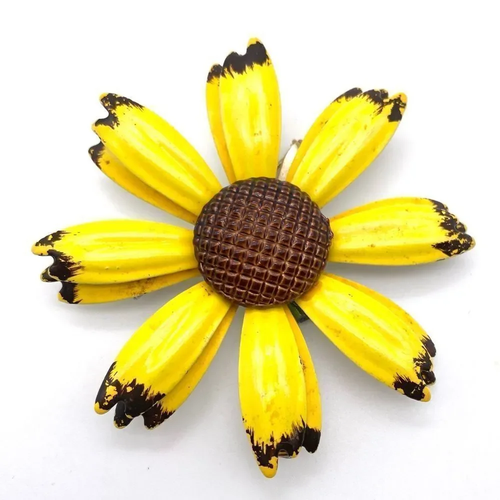 Vintage Unbranded Sunflower Brooch‎ Pin Womens OS Yellow Gold Tone Enamel Retro